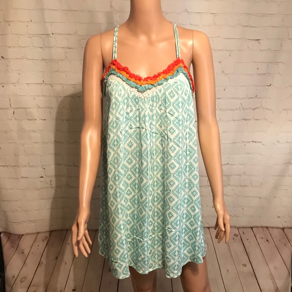Altar’d State aqua and white pom pom dress size small boho summer vacation